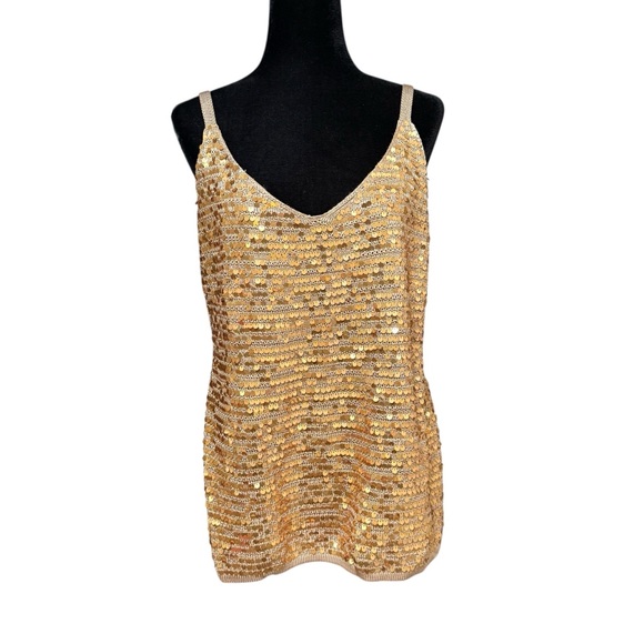Boston Proper Gold Sequin V-Neck Knit Sweater Tank Top XL Cocktail Party Glam - Picture 5 of 11